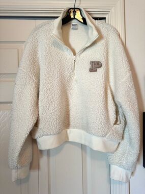 Victoria’s Secret PINK Cozy XL Pullover Sherpa Coat Logo Cream Fleece Teddy 1/4